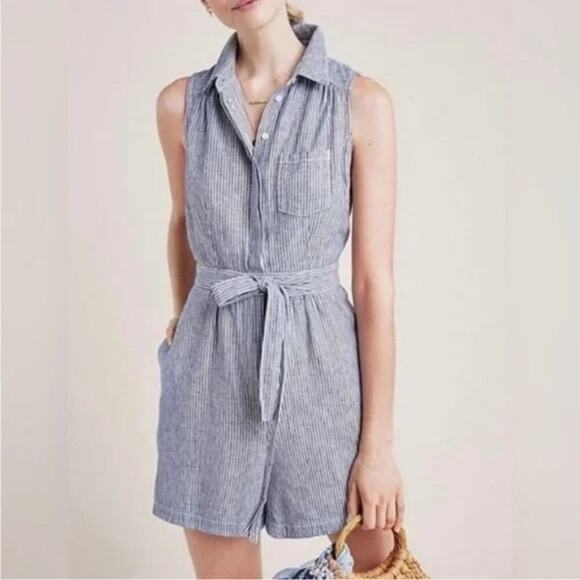 Anthropologie Pants - Anthropologie Women's Blue & White Railroad Stripe Collared Romper Size 4
